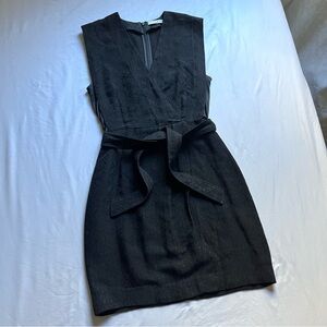 SANDRO PARIS black satin floral sleeveless belted mini sheath dress